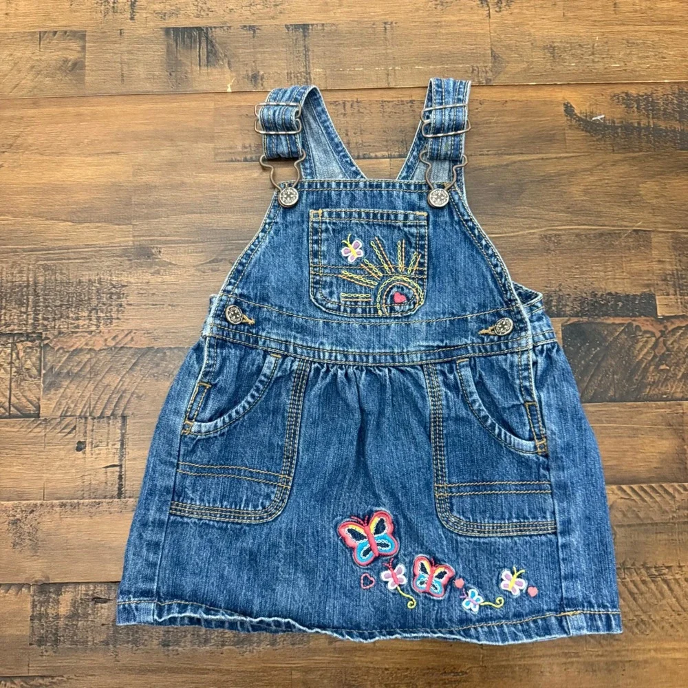 VTG OshKosh Bgosh Girls Denim Overall Jumper Dress Butterfly Sun Embroidered 12M